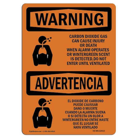 Signmission OSHA Warning Sign, 10" Height, 14" Width, Rigid Plastic, Carbon Dioxide Gas Bilingual, Landscape OS-WS-P-1014-L-12513